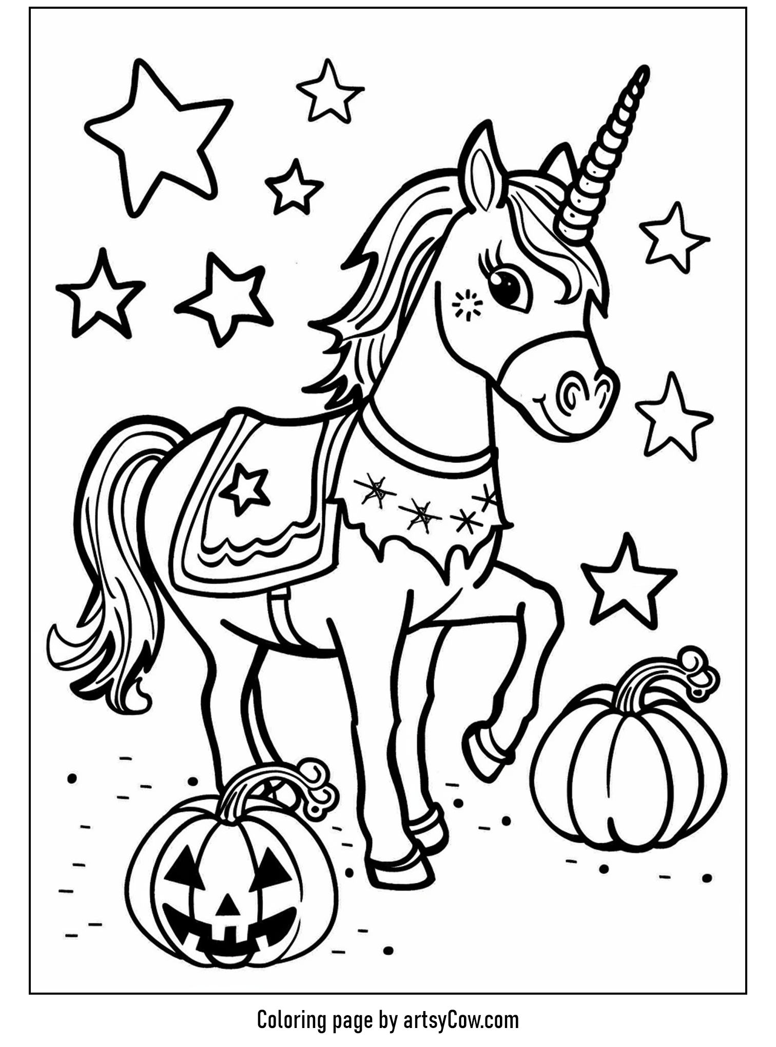 halloween coloring pages with unicorn featuring a cheerful unicorn in a festive costume, surrounded by pumpkins and stars.